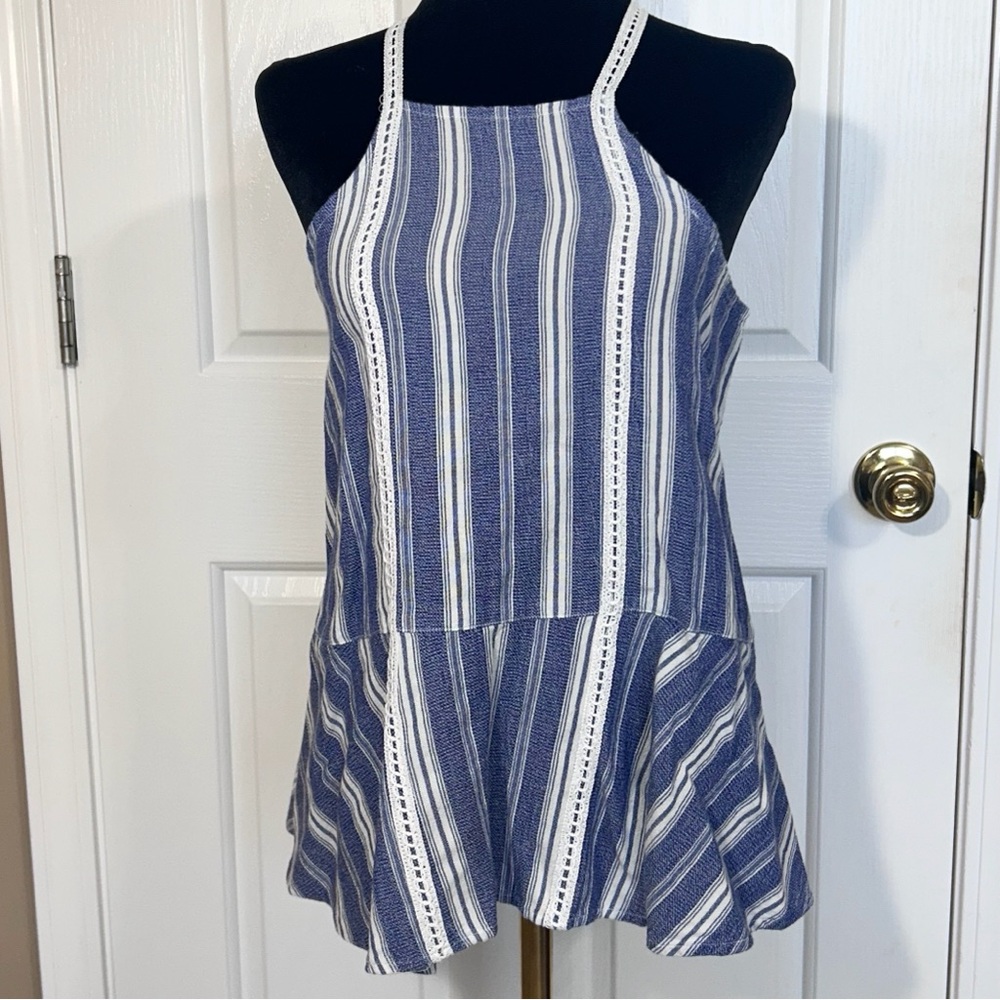 Hollister Blue White Striped Halter Tank Top Size S Coastal Boho Lace Peplum Hem